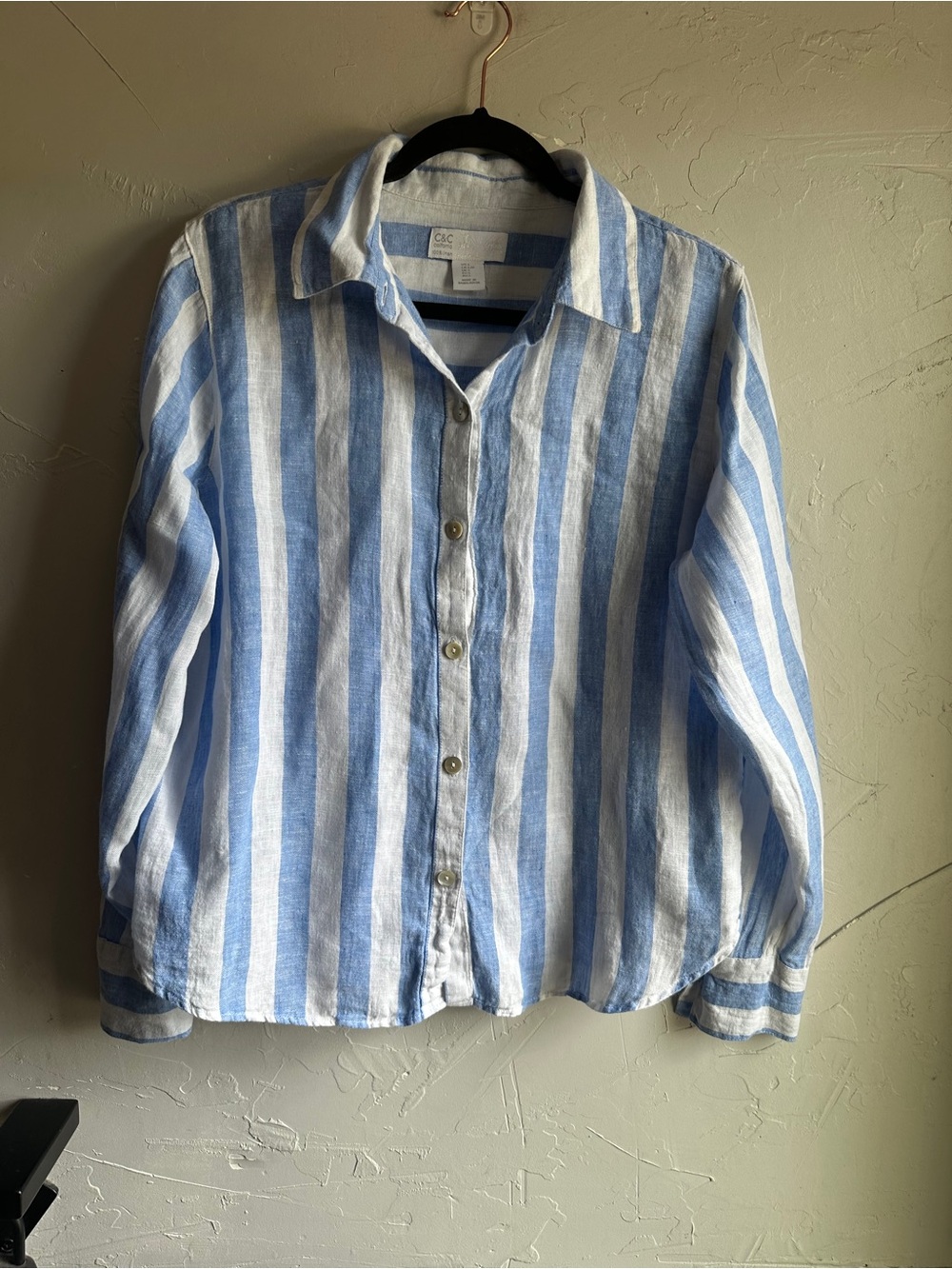 C&C California Blue White Linen Stripe Button Up Coastal Preppy Euro Summer L